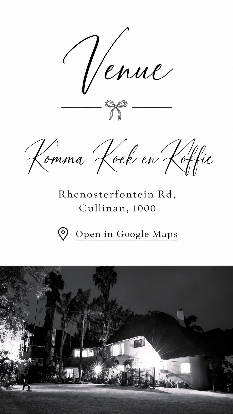 Venue: Komma Koek en Koffie, Rhenosterfontein Rd, Cullinan, 1000.