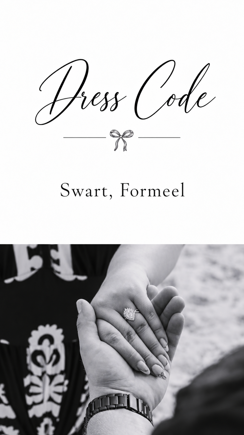 Kleredrag: swart, formeel.